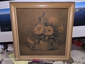 Portrait 1940 ORIGINAL Print Flowersvase & Bird/Douglas Fir Frame - Picture 1 of 19