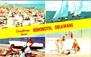 Rehoboth, DE Delaware STRAND ~ SONNENBADEN ~ PICKNICK ~ SEGELBOOTE Gruß Postkarte - Bild 1 von 2