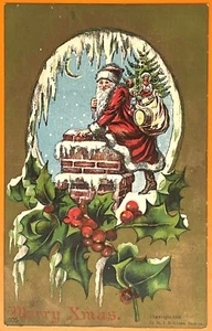 Antico H.I. Cartolina Robbins Babbo Natale Camino Agrifoglio Dorato in rilievo rara 1908 - Foto 1 di 2