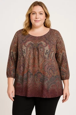 Top túnica Energe World Wear L boho estampado cachemir adornado marrón manga 3/4 Foto 1 de 4