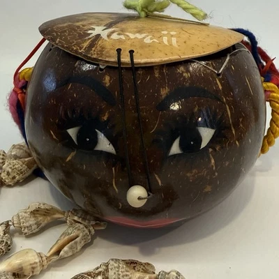 Vintage Coconut Purse Hawaiian Folk Art Lined And Seashell Necklace 15” Tiki - Image 1 of 4