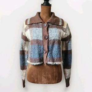 Vintage Cropped Cardigan Sweater Size M 90s Plaid Fuzzy Raw Hem Collared  - Picture 1 of 6