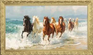 laufende Pferde art Kunstwerk Deko Bild 100x50 Mit Barock Rahmen CV32 - Picture 1 of 5