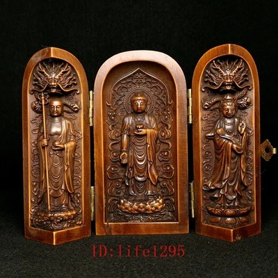 Estatua de 3 Tathagata Guanyin Ksitigarbha china antigua tallada a mano de boj de 4 pulgadas Foto 1 de 4