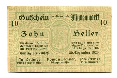 1920 Austria 10 Heller Blindenmarkt Notgeld Banknote Currency - Image 1 of 2