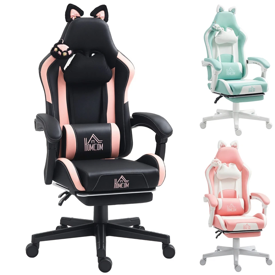 HOMCOM Sedia Gaming con Orecchie da Gatto, Poggiapiedi e Cuscino Lombare - Immagine 1 di 1
