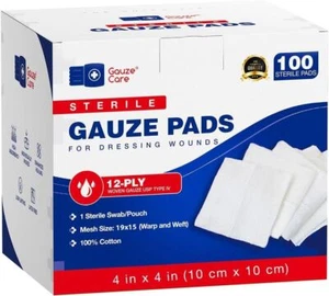 Almohadillas de gasa estériles grandes de 100 piezas 4x4 estériles para heridas a granel - gasa tejida de 12 capas - Imagen 1 de 2