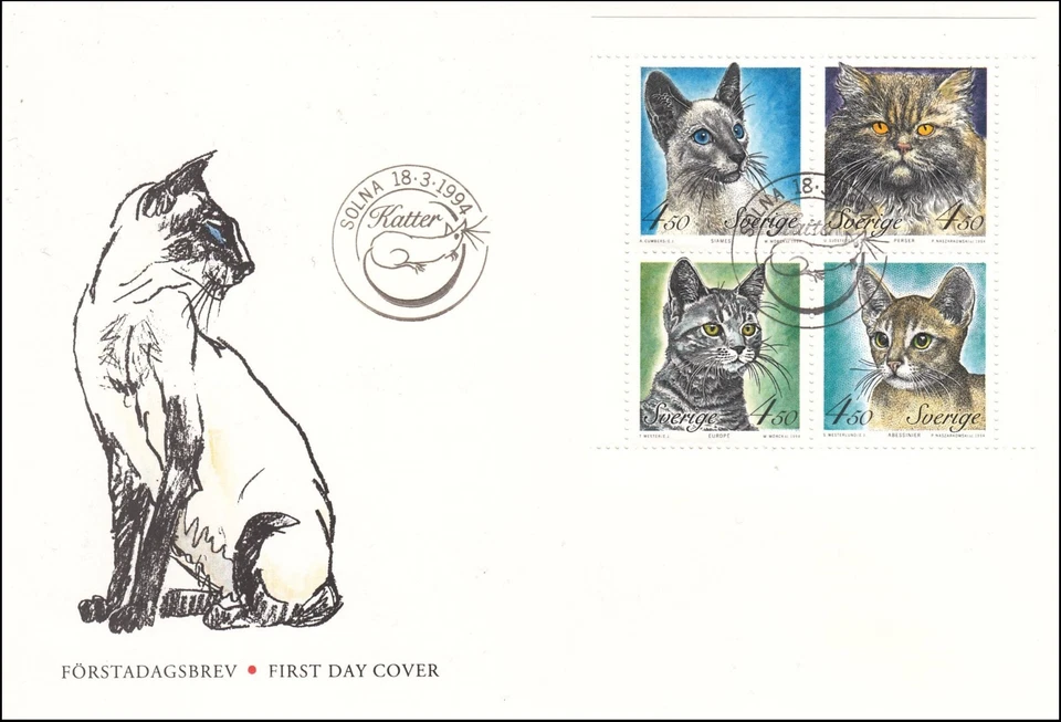 Cats Abyssinian Siamese Persian European Shorthair Cat Mint Sweden FDC BLK 1994 - Image 1 of 1