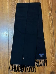 Polo Ralph Lauren Scarf 100% Lambswool Pony Italy Black 11.5" x 67" Fringe OS - Picture 1 of 6