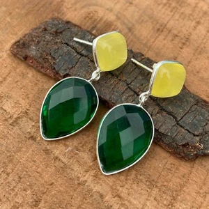 925 Sterling Silver Green Emerald Yellow Monalisa Faceted Teardrop Bezel Set Ear - Picture 1 of 6