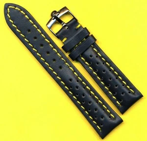 Blue Rally Perforated Leather MB Strap Yellow Stitch, 20mm 22mm & Omega Buckle - Picture 1 of 5