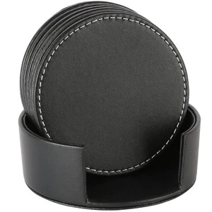 Set of 6 Leather Drink Coasters Cup Mat w/ Holder for Home Kitchen Housewarming - Picture 1 of 8