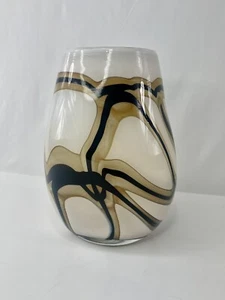 Hand Blown Art Glass Vase Cream/ Tan/ Brown Modern Design. 8" Tall 6" Wide - Picture 1 of 6