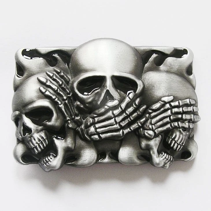 Hear, See, Speak No Evil Shy Skulls Black Flame Belt Buckle - Image 1 of 1