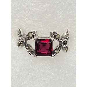 FAS 925 Vintage Deep Pink Square Cut Tourmaline Ring SZ 6 with Marcasite Flowers - Picture 1 of 8