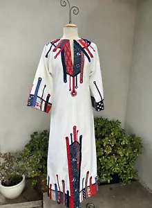 Vintage 70s boho kaftan long dress white red blue custom Made small - Picture 1 of 12