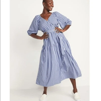 Old Navy Waist-Defined Striped Tie-Belt Midi Wrap Dress 4X Plus Size Cottagecore - Image 1 of 4