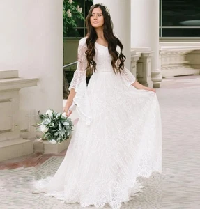 Lace V-neck Wedding Dress Beach Batwing Sleeves Boho Chic Bridal Gown Customized - Picture 1 of 9