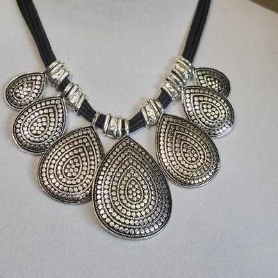 St. Thomas Necklace Silver Teardrop Pendant Black Cord Bohemian Boho Jewelry - Image 1 of 4