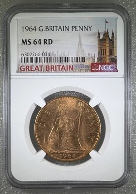 1964 GREAT BRITAIN BRITANNIA LARGE COPPER PENNY NGC MS64 RD LOW MINTAGE - Image 1 of 3
