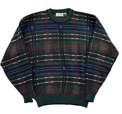 Vintage Hennessy Van Heusen Sweater XL Green Black Plaid Knit 90s Christmas - Image 1 of 4