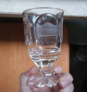 1880s BOHEMIAN HEAVY CUT ENGRAVED GLASS FOOTED SOUVENIR BEAKER PERSONALIZED NICE - Picture 1 of 18