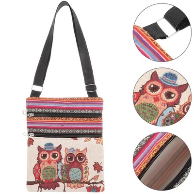  Sac à fermeture éclair en toile imprimé hibou, sac à bandoulière bohème, - Photo 1/4