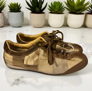 Coach Shoes Womens 9 M Pam Gold Tan Patchwork Lace Up Driving Sneakers Shoes - Picture 1 of 9