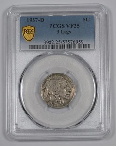 1937-D Buffalo Nickel 3-Legs 5c PCGS VF25 Key Date - Picture 1 of 2