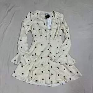 Shona Joy Dress Womens 2 Frill Cuff Mini Shirt Cream Red Floral V-Neck Lined NEw - Picture 1 of 17
