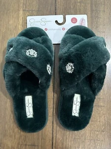 Jessica Simpson Women's Size Large Cross Band Slippers Emerald Green Rhinestone - Picture 1 of 8