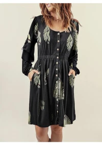 Size Lg Long Sleeve Casual Short Dress Crew Neck Button Down Black with Beige - Picture 1 of 3