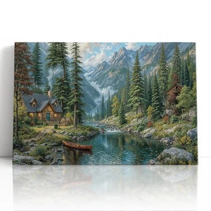 Mountain Cabin Canvas Print Wall Art – Rustic River Nature Scene Wall Decor - Picture 1 of 10