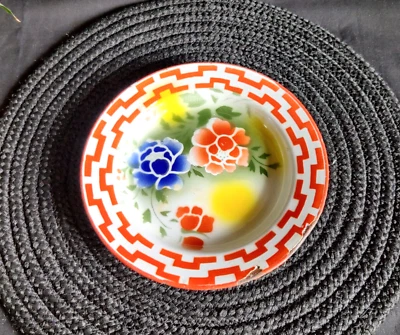 Assiette En Émail Florale Antique Multicolore En Fer Ancienne Décorative IE156 - Photo 1/4