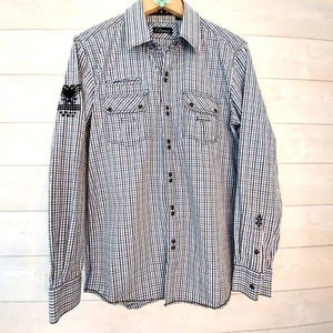 Camicia uomo 7 diamanti manica lunga blu nera bottoni a pressione grande toppa braccio aquila - Foto 1 di 11