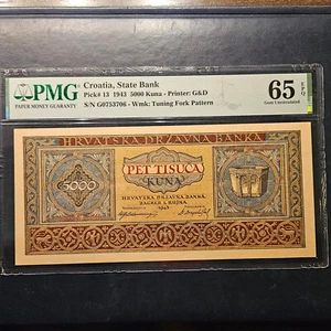 CROATIA 5000 KUNA 1943 PMG 65 GEM UNC EPQ - Picture 1 of 2