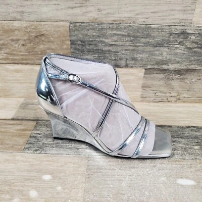 Nine West Rolga Womens Sandals Sz 6 M Wedge Heel Silver Leather Ankle Strap - Image 1 of 4