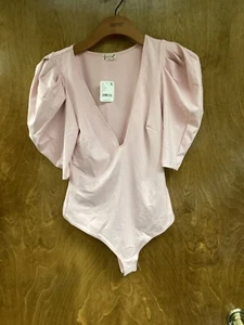 Women NWT "intimatley. FP" pink, puffy sleeve V-neck bodysuit. Size Sm. Reg. $68 - Picture 1 of 2