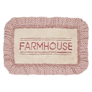 New Primitive Farmhouse TAN RED TICKING RUFFLED BATH MAT Area Rug 20" x 30" - Picture 1 of 2