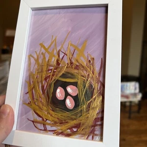 Pascua, nido, pájaro, original, pintura en miniatura, pequeña, mini, enmarcada - Imagen 1 de 9