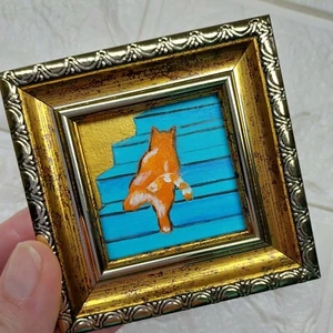 Orange Katze Gemälde Original Gerahmte Kunst Lustiges Kätzchen Handarbeit Kunst Mini Gemälde - Bild 1 von 12