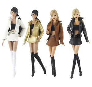 Black Leather Clothes For 11.5" Doll Outfit Fashion Jacket Skirt Top Boots Set - Imagen 1 de 20