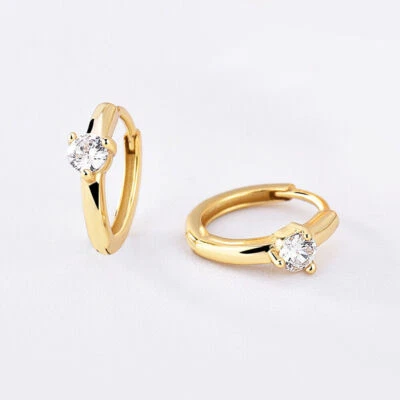 925 Sterling Silver CZ Small Hoop Huggie Hinged Solitaire Earrings A4298 - Image 1 of 4