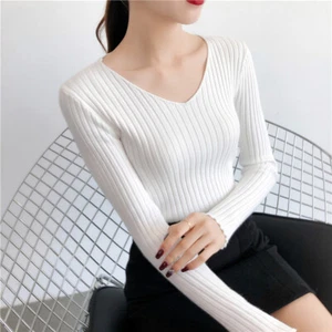Women Ribbed Knit Basic Sweater Jumper Pullover V Neck Slim Knitwear Tops - Picture 1 of 24