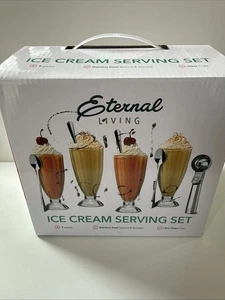 Eternal Living Ice Cream Serving Set, 4 Glass Cups with Scoop & Spoons, New - Picture 1 of 7
