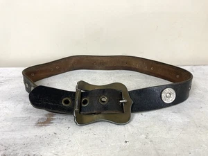 Vintage Black Leather Belt Unisex Big Buckle Mexican Coins Boho Waist Belt 38IN - Picture 1 of 9