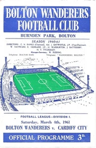 BOLYON WANDERERS V CARDIFF CITY ~ 4 DE MARZO DE 1961 ~ PROGRAMA EN MUY BUEN ESTADO - Imagen 1 de 1
