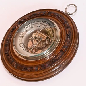 antico vecchio barometro legno noce tondo intagliato vetro sfaccettato 23 cm - Foto 1 di 7