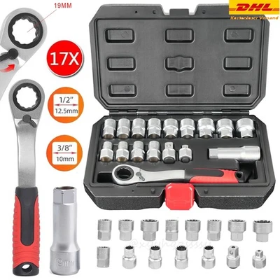17pc Thru Ratchet Socket Set Thru Ratchet 3/8 1/2" 10-24mm - Image 1 of 4