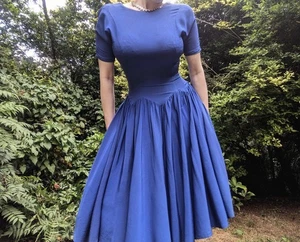 Vintage 1950s Blue Fit And Flare Dress With Zig Zag Waist And Circle Skirt - Picture 1 of 4